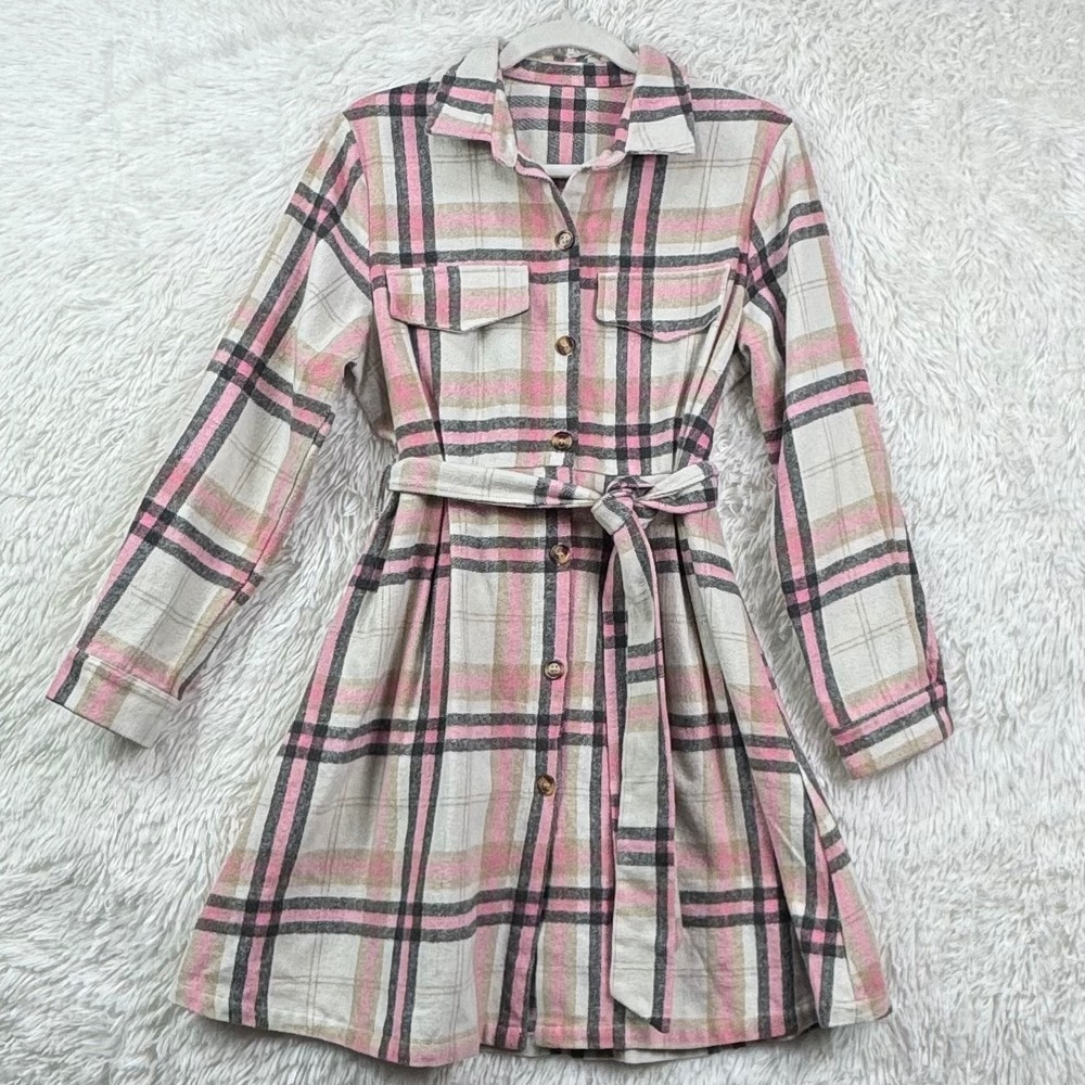 Pink Plaid Belted Flannel Shirt Dress Size L